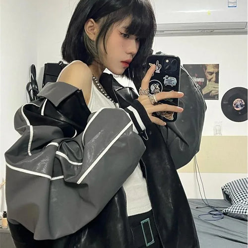Load image into Gallery viewer, Leather Jacket Bomber Woman Oversize Winter Varsity Long Sleeve Black Bombers American Vintage Embroidery Coat
