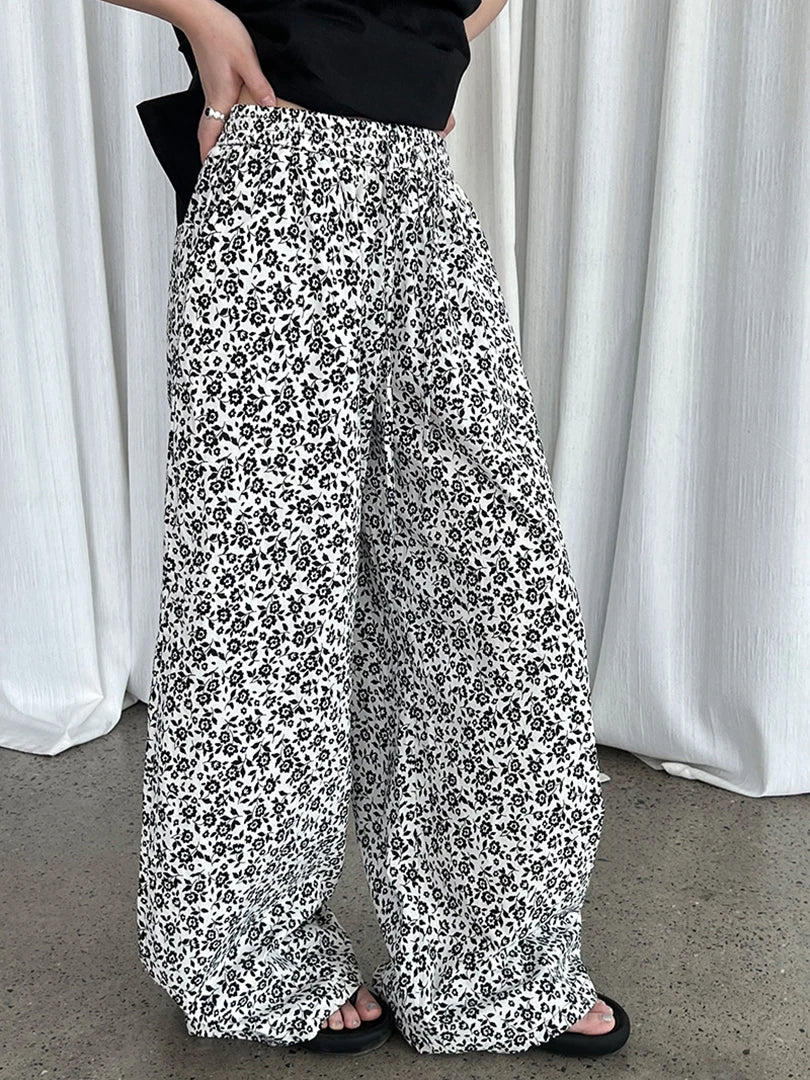 High Elastic Waist Floral Pattern Printed Long Wide Leg Pants New Trousers Women Fashion Tide Spring Autumn 2025 1DJ1473