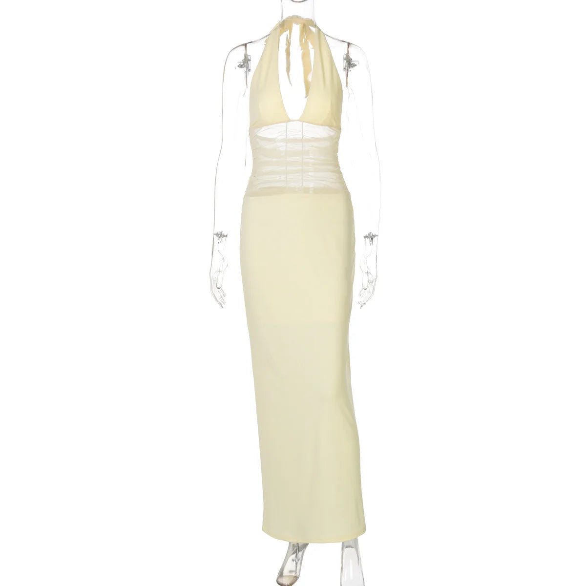 Mesh See Through Halter Sexy Maxi Dress Women Gown Fashion Deep V Neck Sleeveless Backless Bodycon Long Dress Elegant