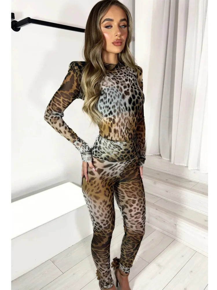 Sexy Elastic Tight Long Sleeved Leopard Print Long Pants Two-piece Set Women Slim Party Nightclub 2025 Spring New Set