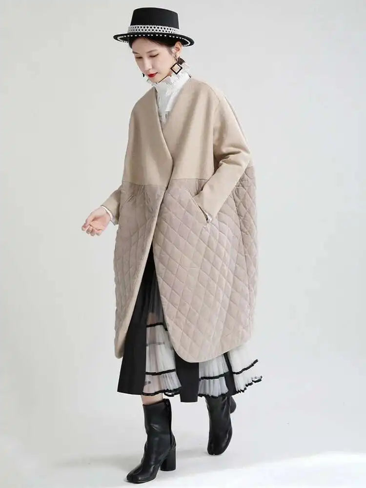 Apricot Warm Big Size Long Cotton-padded Coat Long Sleeve Loose Fit Women Parkas Fashion New Autumn Winter 2025 1DF4808