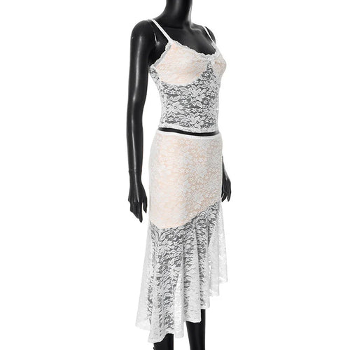 Load image into Gallery viewer, Lace Sexy Two Piece Sets Women Lace Halter Cropped Tops And Skirt Ladies Print Contrast Color Club Party 2 Piece Sets
