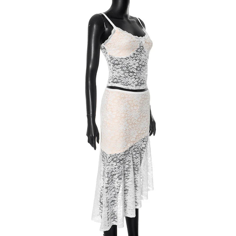 Lace Sexy Two Piece Sets Women Lace Halter Cropped Tops And Skirt Ladies Print Contrast Color Club Party 2 Piece Sets