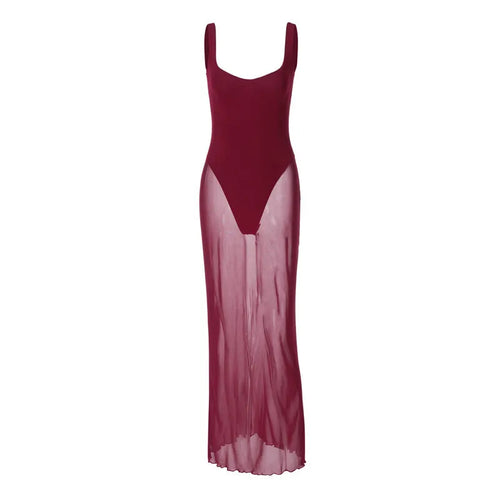 Load image into Gallery viewer, Mesh See Through Sexy Maxi Dress For Women Burgundy Spaghetti Strap Sleeveless Backless Elegant Club Party Long Dress
