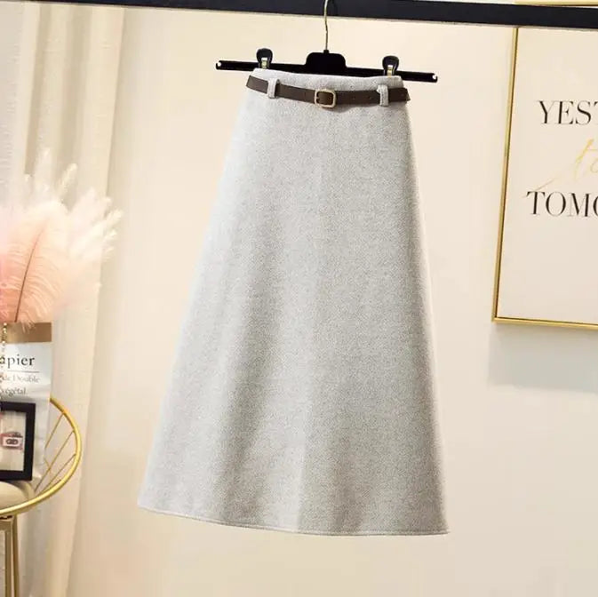 2023 Winter Solid Woolen Midi Skirt Women Elegant Streetwear A-line Zipper Long Skirt Female Vintage High Waist Thick Simple New