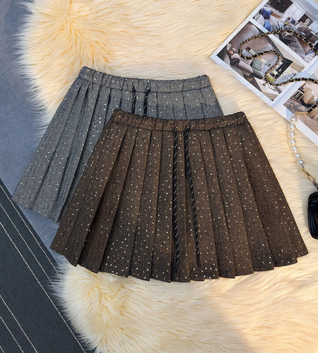 French Vintage Women Brown Sequin Elegant High Waist Versatile Short Skirt 2024 Autumn Winter Grey Pleated Half Mini Skirt Trend