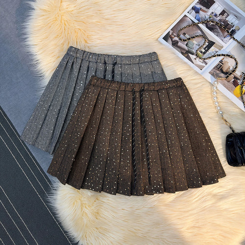 Load image into Gallery viewer, French Vintage Women Brown Sequin Elegant High Waist Versatile Short Skirt 2024 Autumn Winter Grey Pleated Half Mini Skirt Trend
