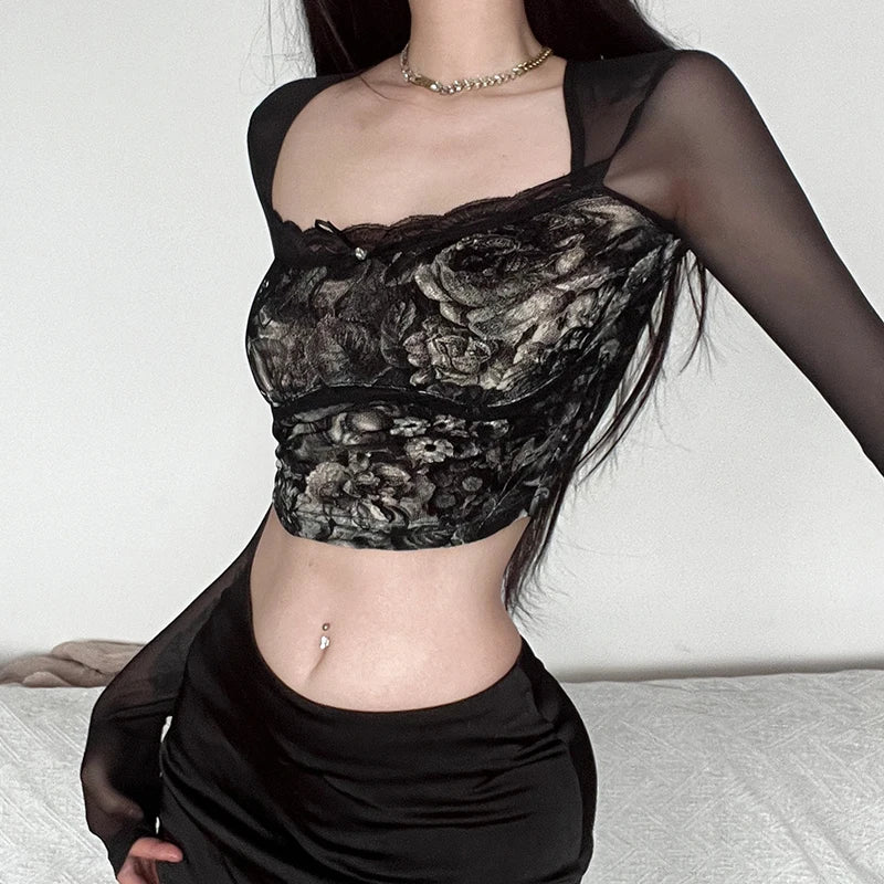 Grunge Gothic Sexy Skinny Female Tee Shirt Mesh Patchwork Vintage Cropped Tops Party Transparent T-shirt Y2K Clothes