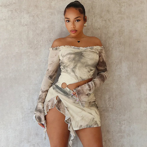 Load image into Gallery viewer, Hollow Out Print Sexy Mini Dress For Women Autumn New Off-shoulder Long Sleeve Bodycon Ruffled Slit Sexy Dress New
