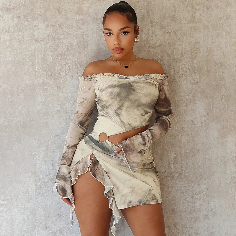 Hollow Out Print Sexy Mini Dress For Women Autumn New Off-shoulder Long Sleeve Bodycon Ruffled Slit Sexy Dress New