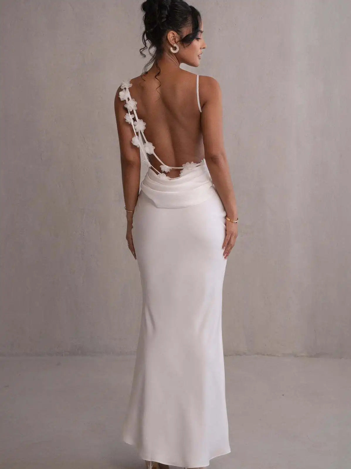 Elegant Sleeveless Flower Shoulder Strap Backless Bodycon Dress Women Sexy Slim Maxi Vesidos Temperament Party Evening