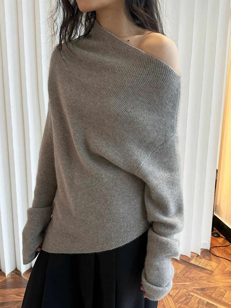 42% Wool Elegant Knitting Sweater Skew Collar Long Sleeve Women Pullovers New Fashion Tide Spring Autumn 2025 1DH9240