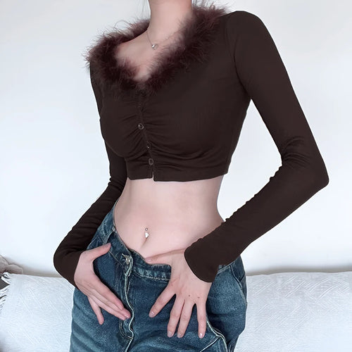 Load image into Gallery viewer, Brown Korean Y2K Crop Top Folds Skinny Autumn T shirt Female Faux Fur Trim Collar Fashion Sexy Tee Shirts Furry Cute
