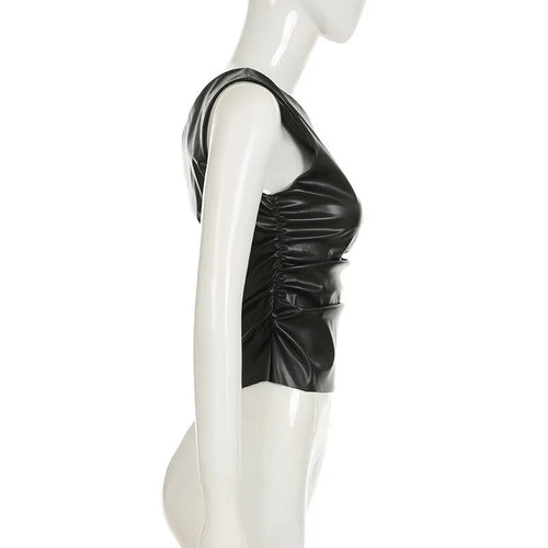 Load image into Gallery viewer, Ruched PU Leather Sexy Tank Tops For Women Fashion Oblique Shoulder Sleeveless Backless Skinny Crop Tops Elegant
