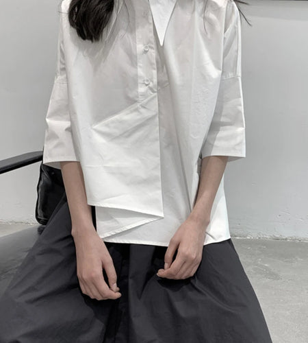 Women White Irregular Hem Big Size Elegant Blouse New Lapel Half Sleeve Shirt Fashion Tide Spring Summer 2025 1DJ1661