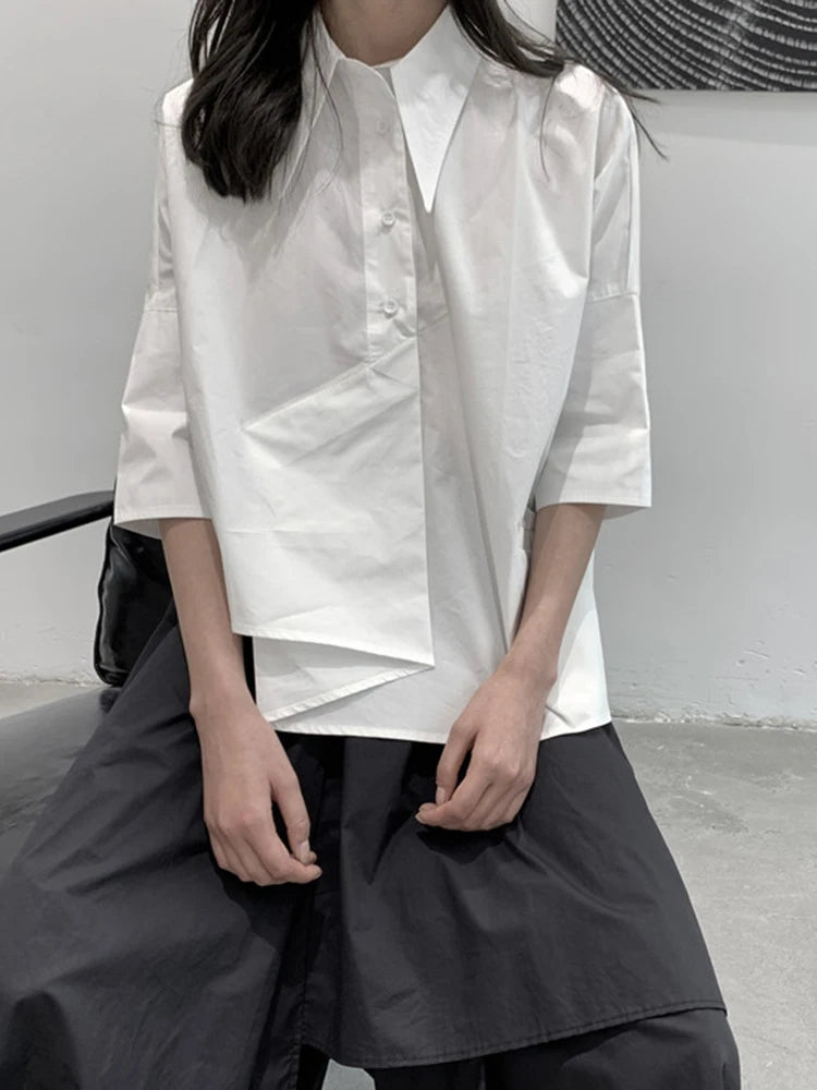 Women White Irregular Hem Big Size Elegant Blouse New Lapel Half Sleeve Shirt Fashion Tide Spring Summer 2025 1DJ1661