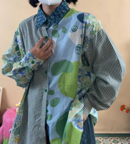 Patchwork Print Oversized Blouses 2025 Blusas Mujer De Moda Y2k Aesthetic Vintage Shirts Streetwear Casual Women Blouse Tops