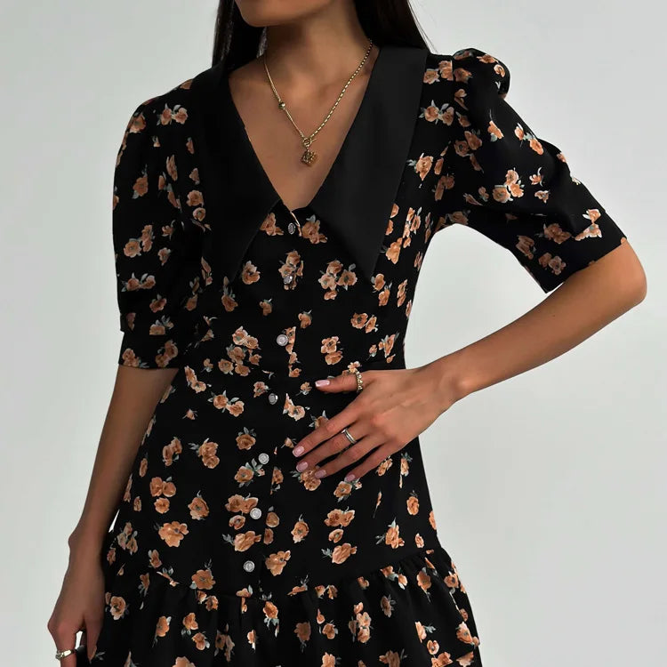 Short Sleeve Floral Mini Dress For Women Robe Turn-down Collar Elegant French Dress Ladies Fashion High Waist Dresses