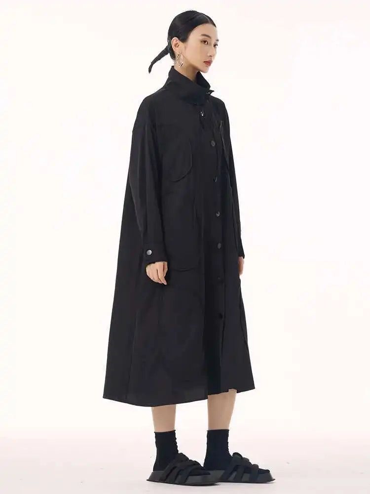 Women Army Green Patch Drawstring Big Size Midi Dress New Stand Collar Long Sleeve Fashion Tide Spring Autumn 2025 1DH9211