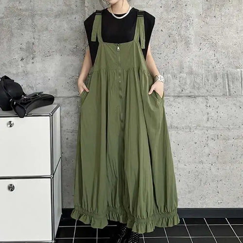 Load image into Gallery viewer, Women Green Pleated Pocket Big Size Strap Dress New Square Collar Sleeveless Fashion Tide Spring Autumn 2025 1DH6067
