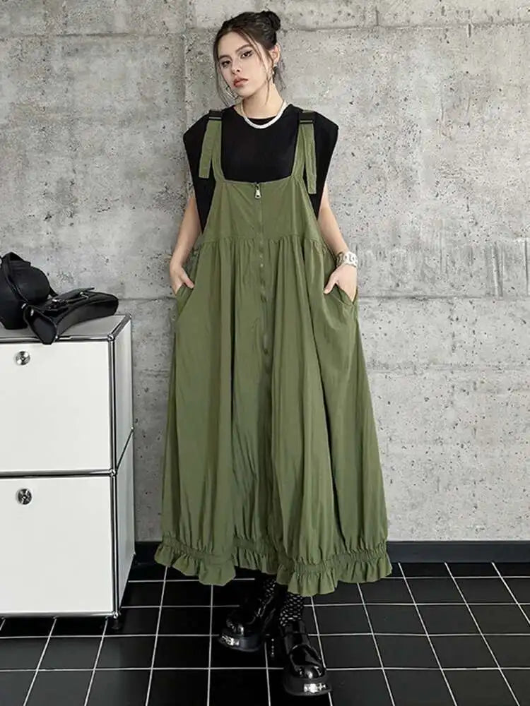 Women Green Pleated Pocket Big Size Strap Dress New Square Collar Sleeveless Fashion Tide Spring Autumn 2025 1DH6067