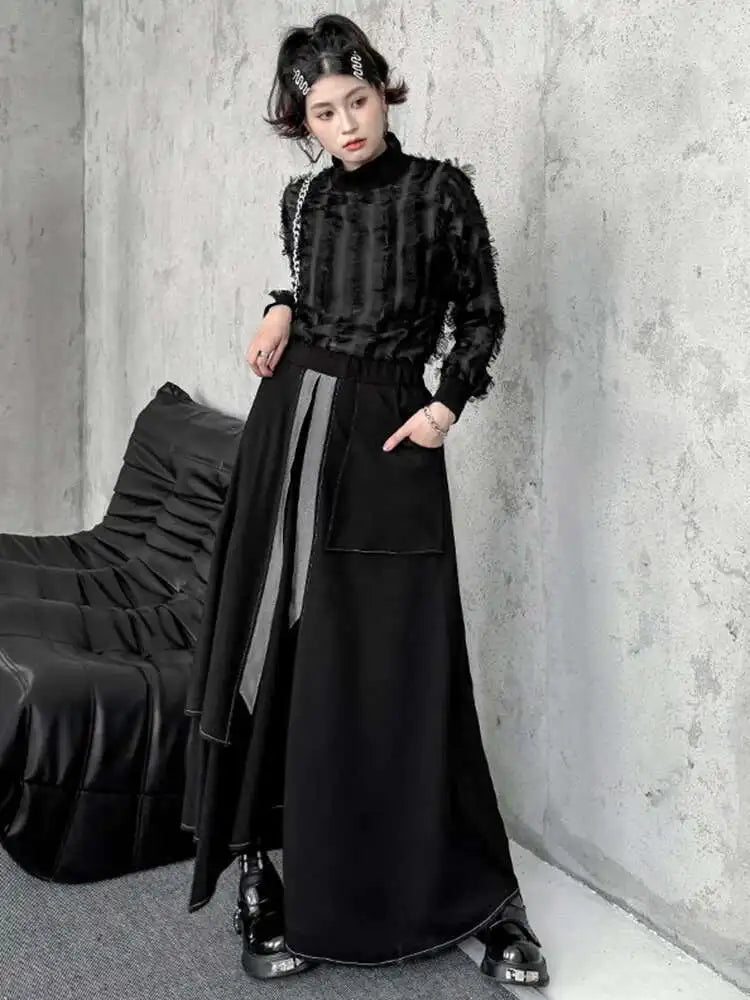 Women Black Tassels Perspective Elegant T-shirt New Turtleneck Long Sleeve Fashion Tide Spring Autumn 2025 1DH4415