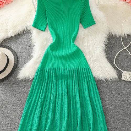 Load image into Gallery viewer, Summer 2024 New Women's Black Beige Single Breasted Knitted Long Dress Green Elegant Office Lady Short Sleeve Pleated Dress Chic

