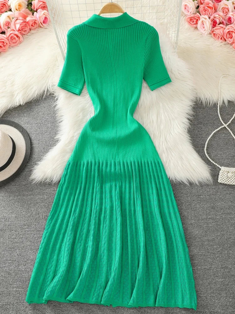 Summer 2024 New Women's Black Beige Single Breasted Knitted Long Dress Green Elegant Office Lady Short Sleeve Pleated Dress Chic