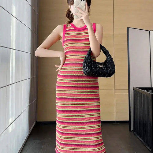 Load image into Gallery viewer, Korean Fashion Summer Pink Striped Patchwork Elegant Round Neck Slim Vest Long Dresses For Women Sleeveless Sexy Chic Dress 2025
