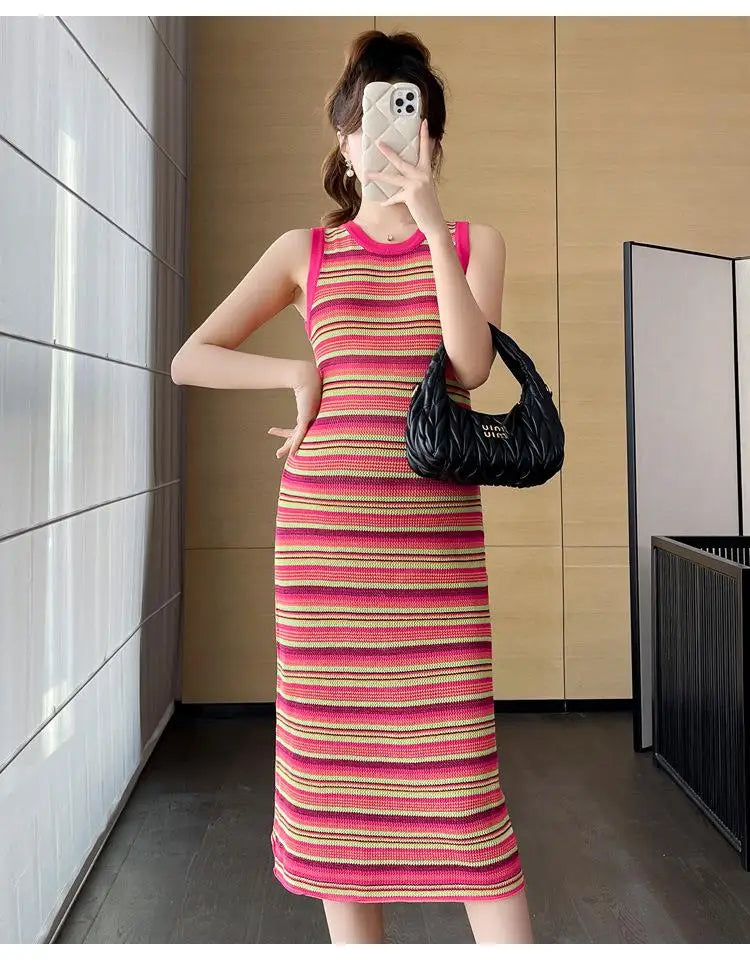 Korean Fashion Summer Pink Striped Patchwork Elegant Round Neck Slim Vest Long Dresses For Women Sleeveless Sexy Chic Dress 2025