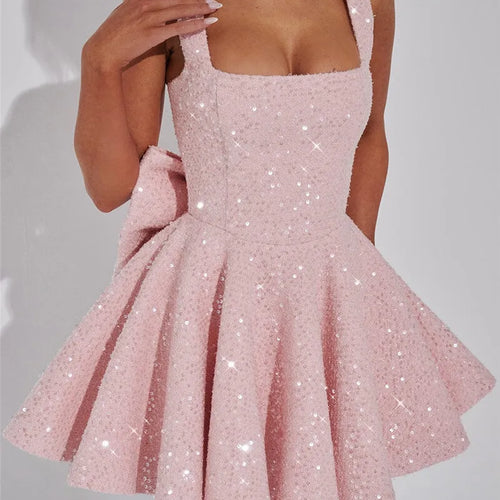 Load image into Gallery viewer, Sequins Bow Backless Sexy Mini Dress For Women Robe Fashion Square Collar Sleeveless High Waist A-line Club Dress
