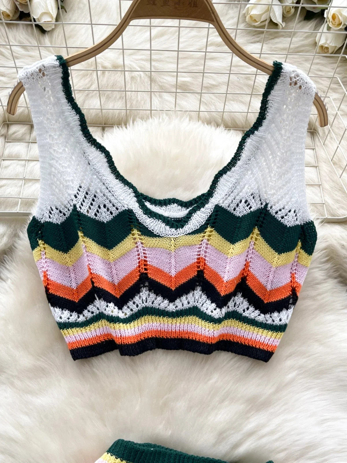 Retro Women Sets Korean Fashion White Patchwork V-neck Short Knitted Vest Tops + High Waist Wrap Hip Mini Skirts Two Piece Suits