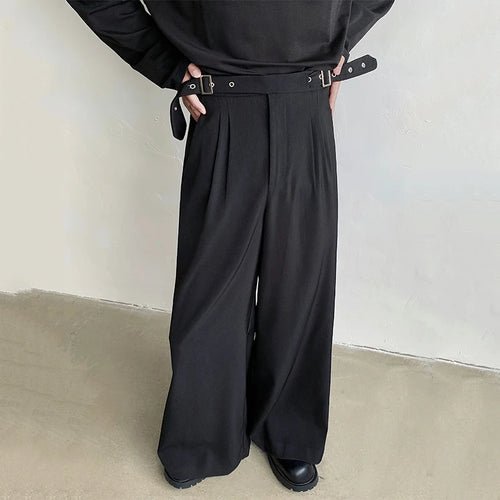 Load image into Gallery viewer, Korean Style Men&#39;s Suit Pants Loose Belt Solid Color Pleated Straight Bottom Wide Leg Casual Male Trousers Stylish 9C6995
