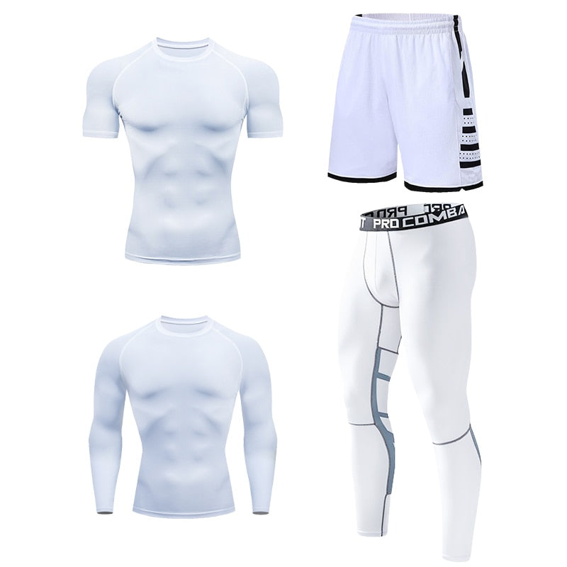 Mens Compression Sportswear Set Gym Running Sport Clothes Tight T-shirt Lycra Leggings Athletics Shorts Fitness Rash Guard Kits v1