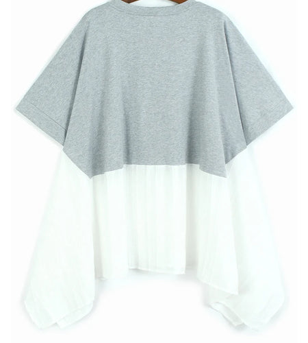 Women Gray White Color-block Irregular Big Size T-shirt New Round Neck Short Sleeve Fashion Spring Summer 2025 1DJ1583