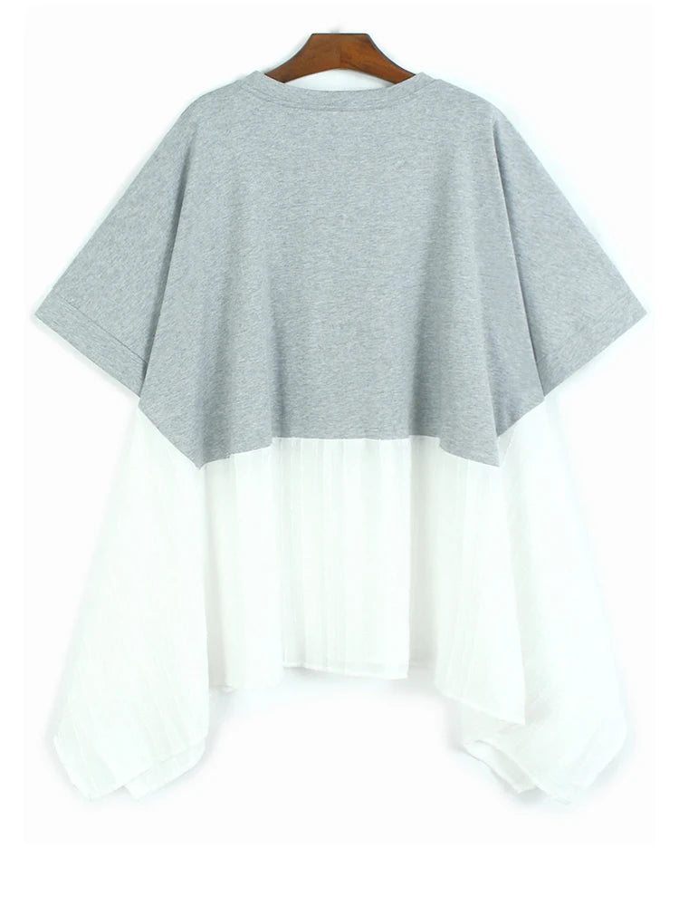 Women Gray White Color-block Irregular Big Size T-shirt New Round Neck Short Sleeve Fashion Spring Summer 2025 1DJ1583