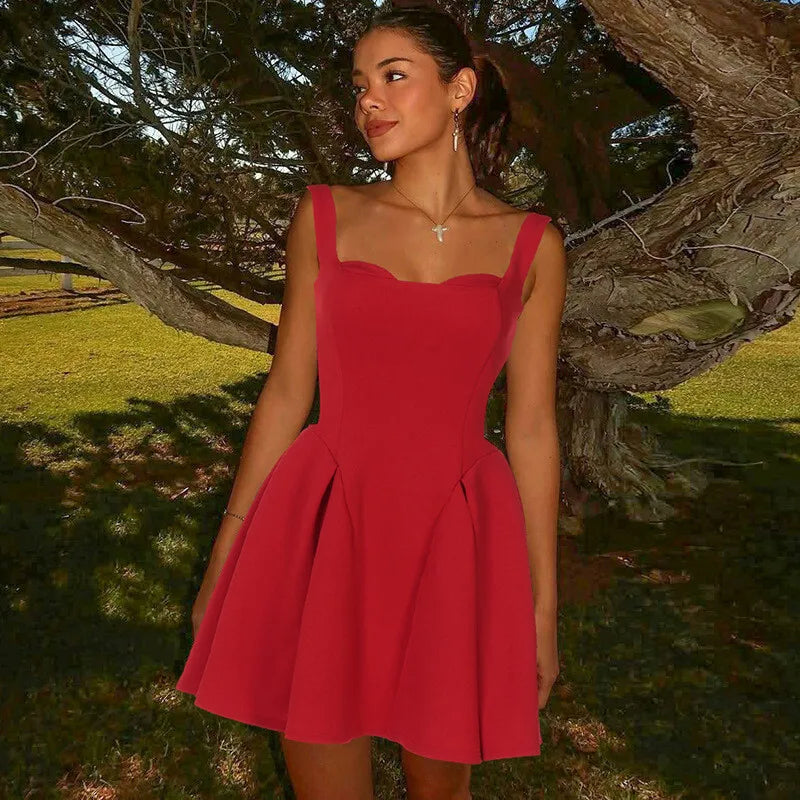 Spaghetti Strap Backless Sexy Mini Dress For Women Robe Solid Sleeveless High Waist A-line Pleated Club Party Dress