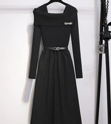 Autumn Winter Black Square Neck Long Sleeve Knitted Dresses Women Beige Elegant High Waist Festival Pleated Dress French Fashion