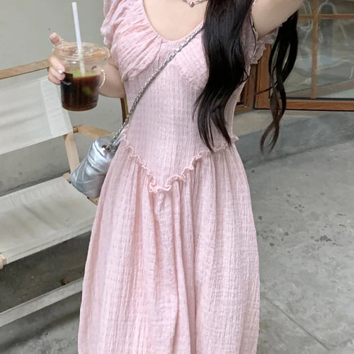 Load image into Gallery viewer, Pink Edible Tree Fungus V-neck Female Dresses Puff Sleeve Slim Waist Solid Color French Style Elegant Chic Women&#39;s Dress
