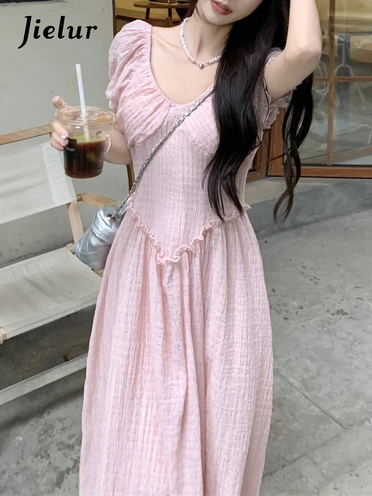 Pink Edible Tree Fungus V-neck Female Dresses Puff Sleeve Slim Waist Solid Color French Style Elegant Chic Women's Dress