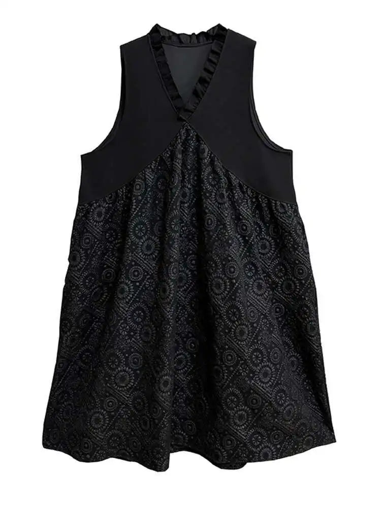 Women Black Pattern Textured Big Size  Long Vest Dress New V-Neck Sleeveless Fashion Tide Spring Autumn 2025 1DH844101