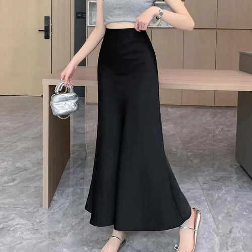 Load image into Gallery viewer, Women Vintage Korean Fashion 2025 Spring Summer New Black Beige Brown High Waist Vacation Wrapped Hip Fishtail Long Skirt Simple
