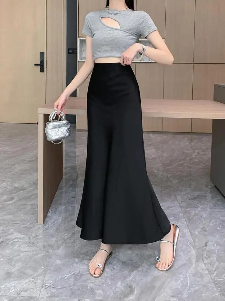 Women Vintage Korean Fashion 2025 Spring Summer New Black Beige Brown High Waist Vacation Wrapped Hip Fishtail Long Skirt Simple