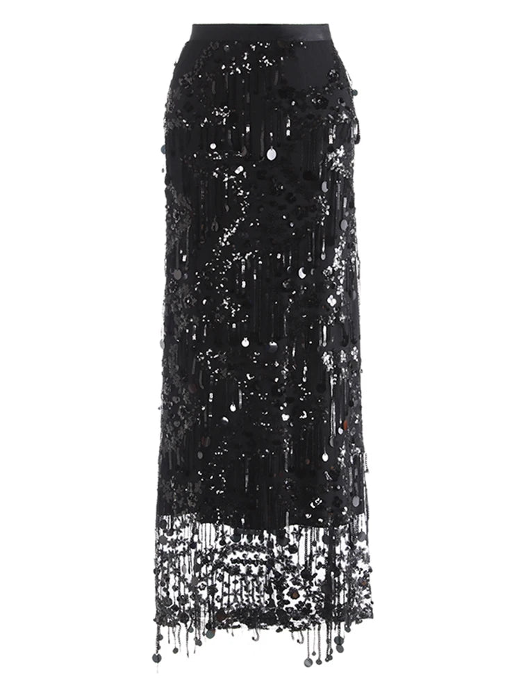High Elastic Waist Black Sequins Tassels Elegant Long Half-body Skirt Women Fashion Tide New Spring Autumn 2025 1DJ0650