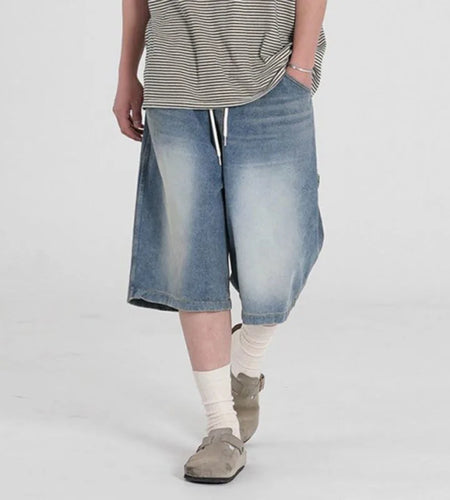 Men's Washed Wide Leg Denim Shorts New Summer Loose Solid Color Korean Elastici Waist Niche Cropped Trendy Bottoms 9W1637