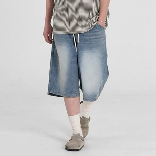 Load image into Gallery viewer, Men&#39;s Washed Wide Leg Denim Shorts New Summer Loose Solid Color Korean Elastici Waist Niche Cropped Trendy Bottoms 9W1637
