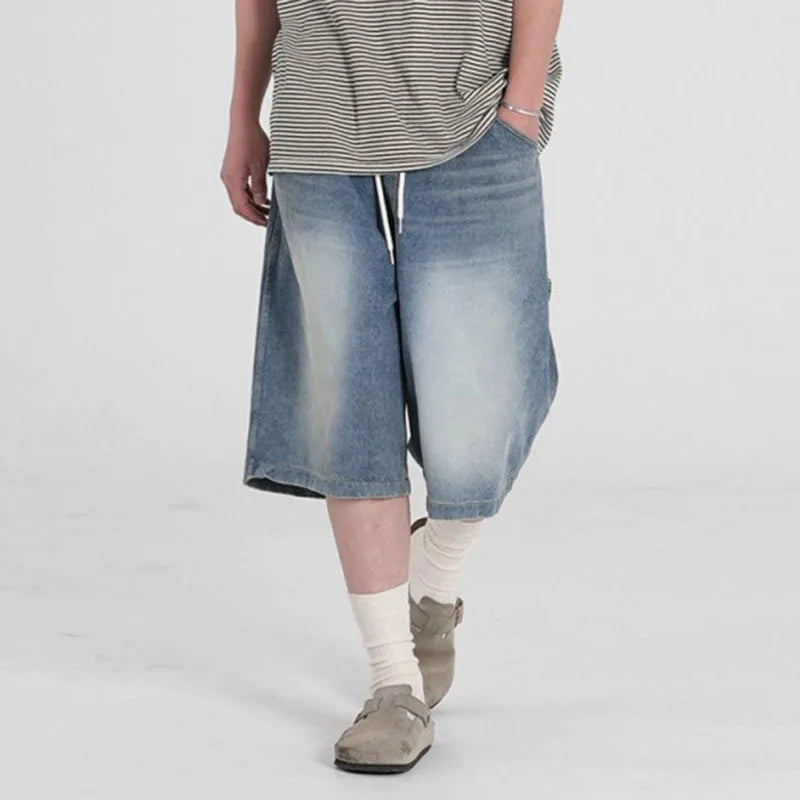 Men's Washed Wide Leg Denim Shorts New Summer Loose Solid Color Korean Elastici Waist Niche Cropped Trendy Bottoms 9W1637