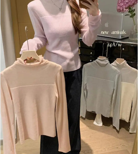 Retro Korean Version Women Solid Patchwork Elegant Knitted High Neck Sweater Autumn Winter Slim Pullovers Tops Simplicity Trendy