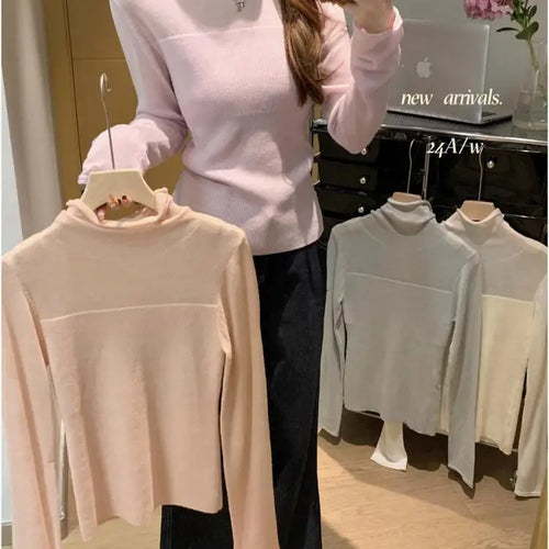 Load image into Gallery viewer, Retro Korean Version Women Solid Patchwork Elegant Knitted High Neck Sweater Autumn Winter Slim Pullovers Tops Simplicity Trendy
