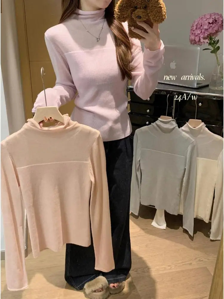 Retro Korean Version Women Solid Patchwork Elegant Knitted High Neck Sweater Autumn Winter Slim Pullovers Tops Simplicity Trendy